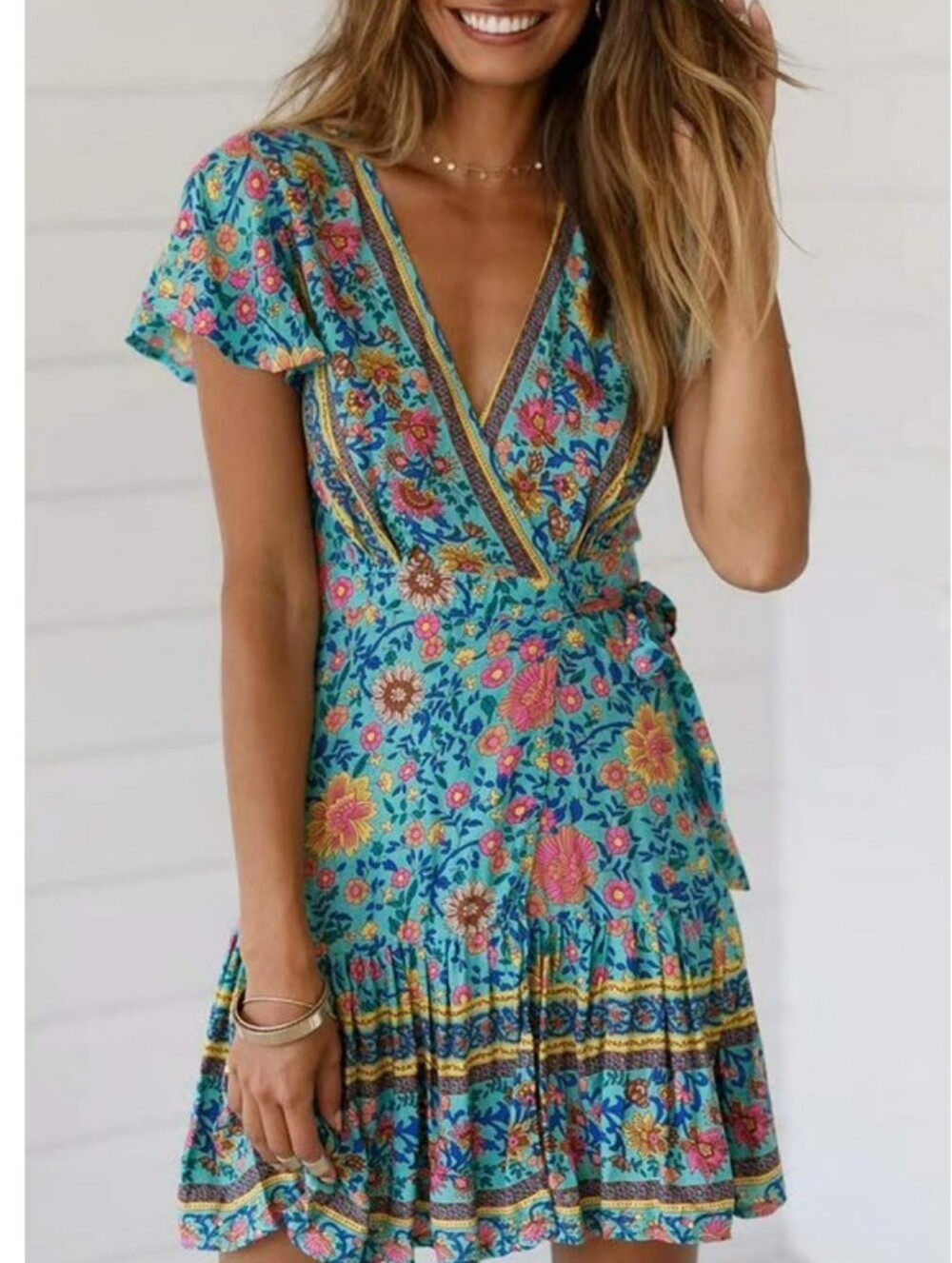 Zesica Floral Wrap Dress in Bright Turquoise & Pink Size S